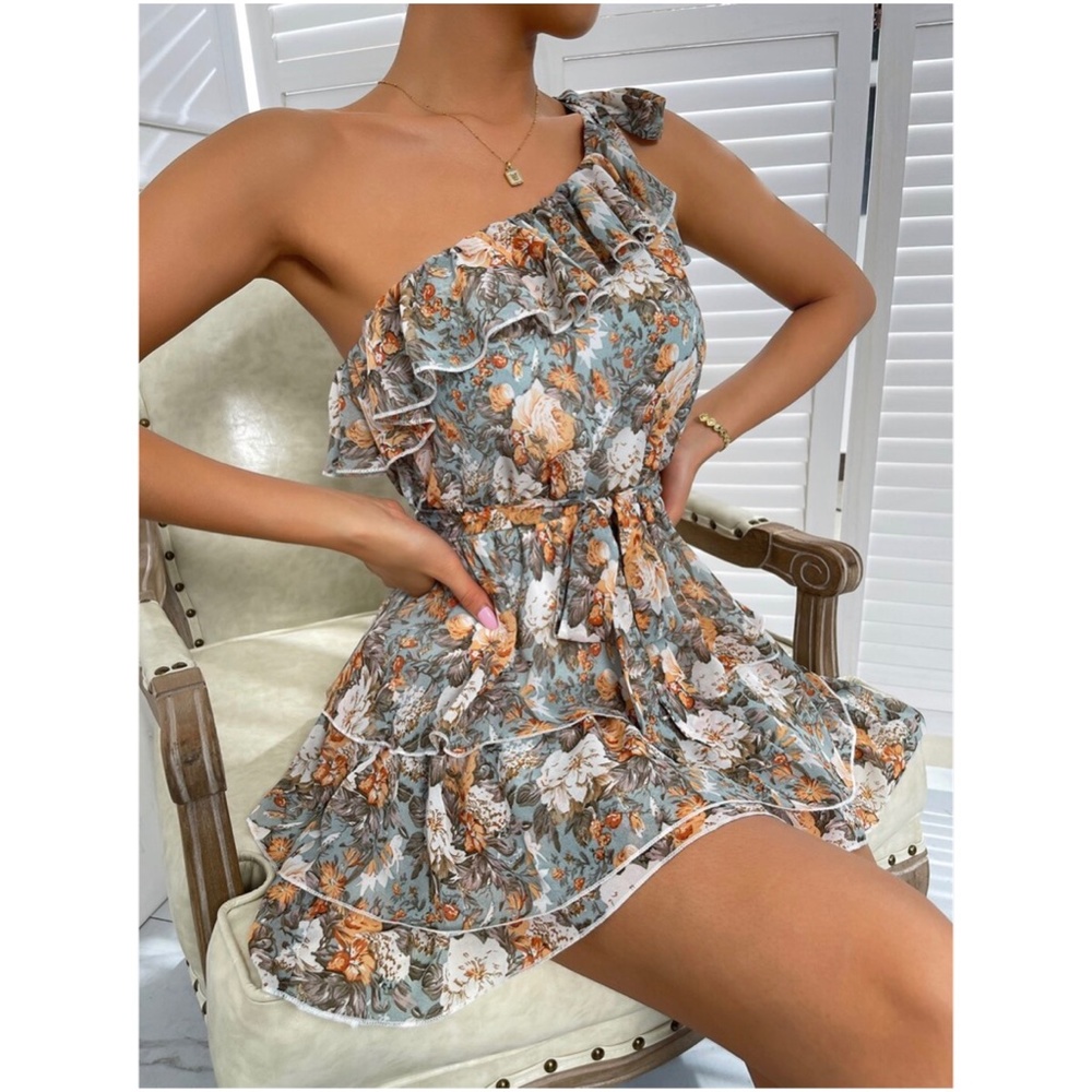 Boho Swiss dot One Shoulder Ruffle Mini Dress - Picture 11 of 13